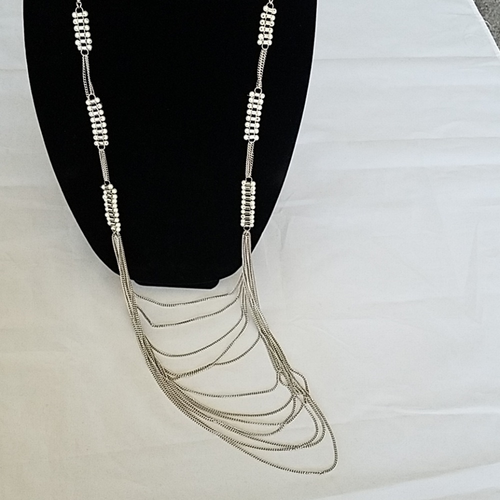 Long Multi-strand Silver and Pearl Necklace